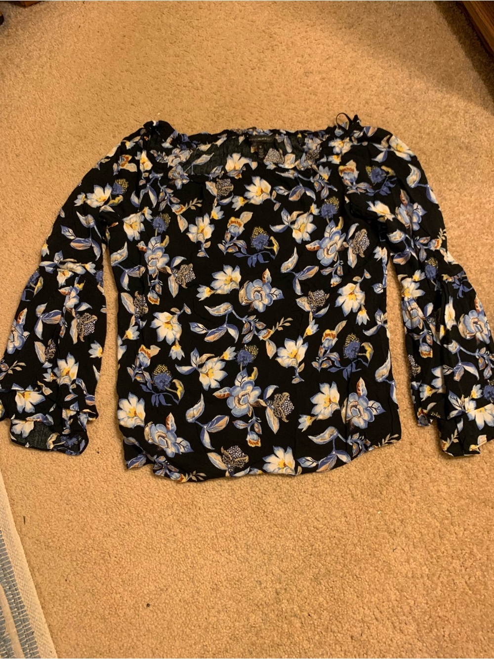 White House Black Market Black Floral Off-Shoulder Top with Blue & Cream Flowers